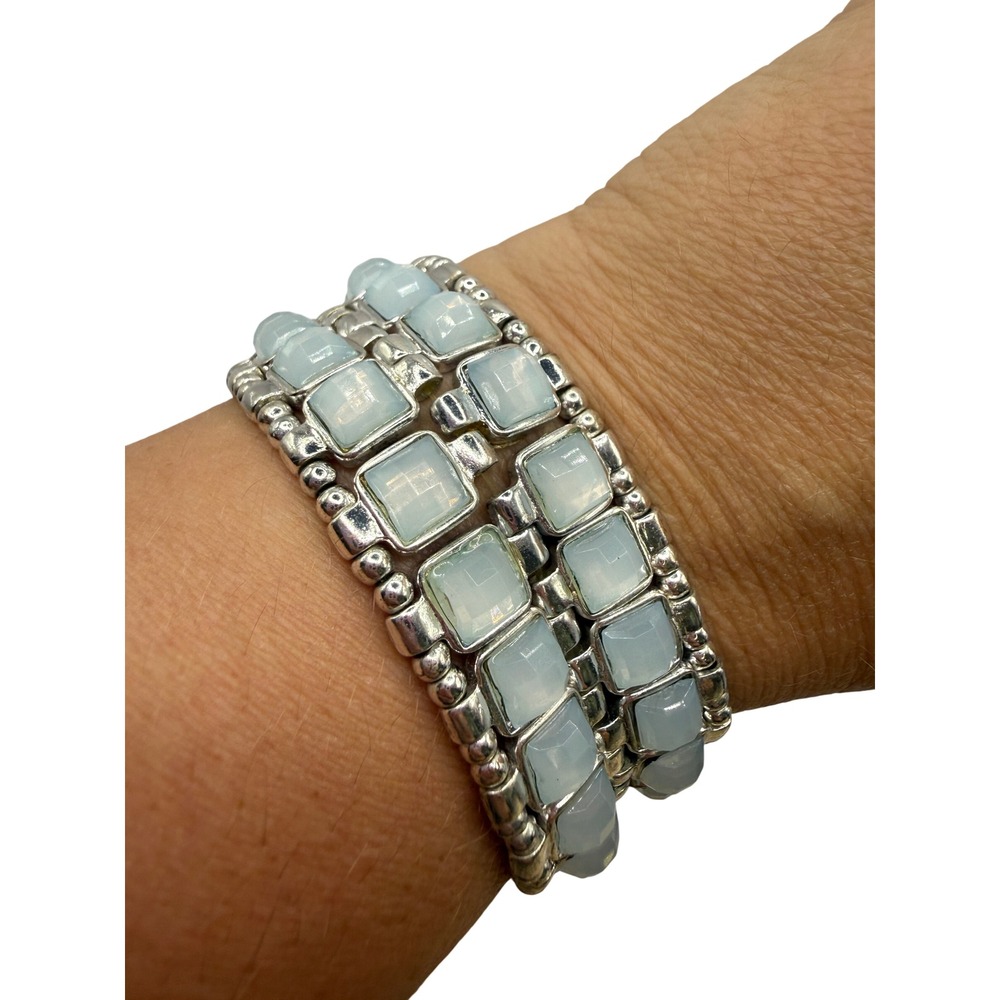 Silver Tone Blue Moonstone Look Stretch Cuff Bracelet Statement